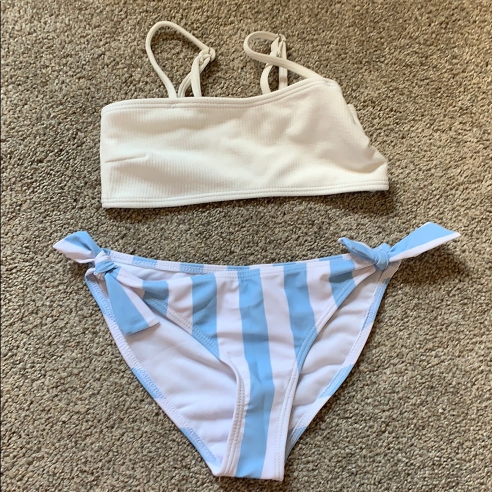 blue and white bikini